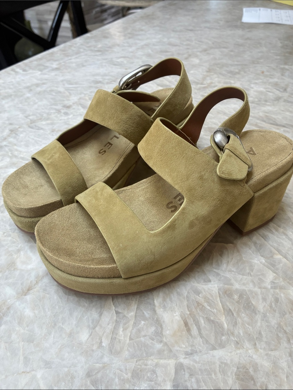 Suede Platform Block Heel Sandals in Olive - Women. New. Never worn.